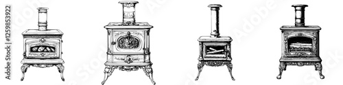 Hand drawn vector illustration of various vintage wood stoves with intricate designs and details for home decor inspiration