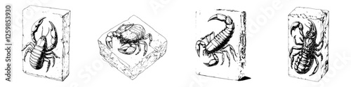 Vector illustration of hand-drawn scorpion designs on textured blocks showcasing intricate details and unique styles