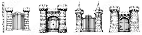 Hand drawn vector illustration of four unique castle gates in various architectural styles