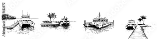 Vector illustration of hand-drawn boats docked at a tropical waterfront during the day