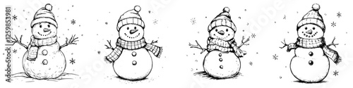 Fun hand-drawn vector illustration of cheerful snowmen enjoying winter activities in a snowy landscape