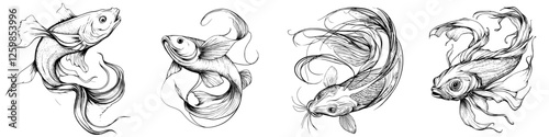 Stylized vector illustration of graceful fish swimming in fluid motions, showcasing detailed textures and dynamic movements