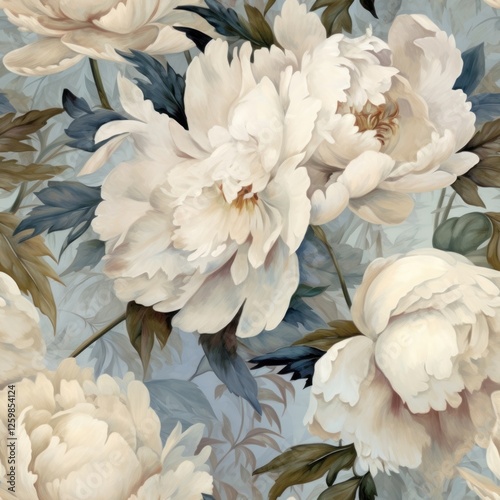 Beautiful floral pattern with peonies and leaves. Delicate interior wallpapers.