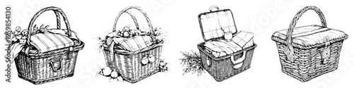 Hand-drawn vector illustrations of picnic baskets with various designs and textures showcasing outdoor dining elements