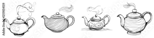 Hand-drawn vector illustration of various teapots with steam rising, showcasing unique designs and styles