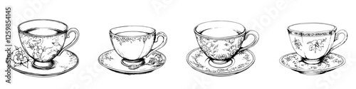 Hand-drawn vector illustration showcasing elegant tea cups with floral designs on white background