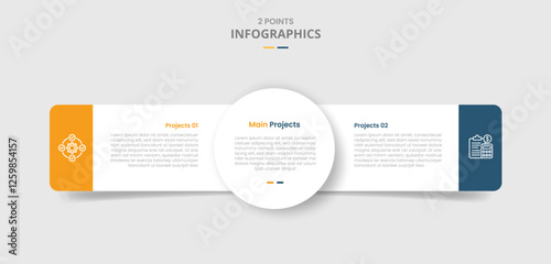 2 points template comparison concept for infographic with big circle center and round rectangle side by side with drop shadow style with two point list information