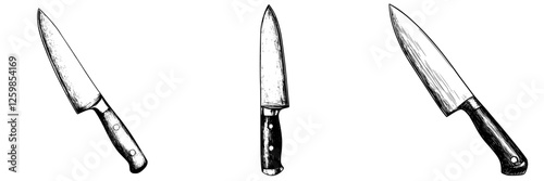 Hand-drawn vector illustration of kitchen knives showcasing different styles and designs for culinary artistry