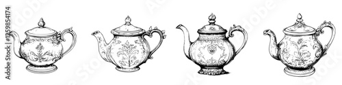 Hand-drawn vector illustration of vintage teapots featuring intricate designs and elegant shapes