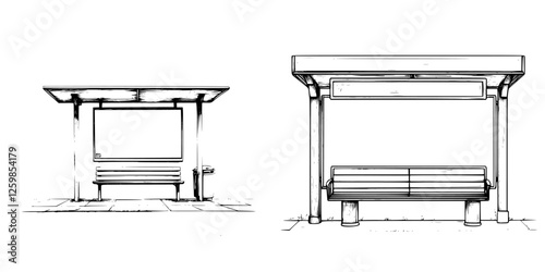 Hand-drawn vector illustration of a bus stop with seating area and blank advertisement board in urban environment