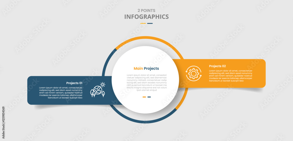 2 points template comparison concept for infographic with big circle center with unbalance box container side by side with drop shadow style with two point list information 2 points template comparison concept for infographic with big circle center with unbalance box container side by side with drop shadow style with two point list information