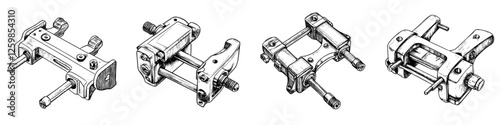 Detailed hand-drawn vector illustration of mechanical clamps in various angles showcasing intricate designs and features