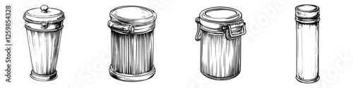 Hand-drawn vector illustration of various types of trash cans in detailed sketch style