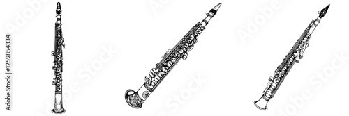 Elegant hand-drawn vector illustration of multiple clarinets showcasing different angles and details