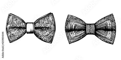 Stylish hand-drawn vector illustrations of decorative bow ties for formal wear options and fashion design inspiration