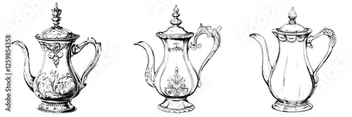 Vintage hand-drawn style vector illustration of three elegant teapots with intricate designs