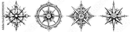Intricate hand-drawn compass designs with ornate details in vector illustration style