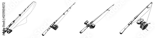 Hand-drawn vector illustration of fishing rods in various positions for angling enthusiasts and artists
