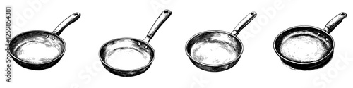 Vector illustration of hand-drawn frying pans in various stages of use with intricate details and textures