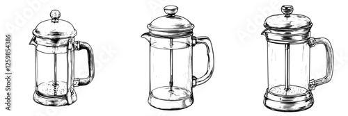 Hand-drawn vector illustration of three coffee French press designs showcasing elegance and functionality for brewing coffee