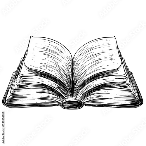 Vector illustration of an open book showcasing hand-drawn style details and textured pages