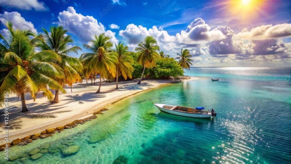 Secluded Tropical Paradise A Picturesque Beach with Lush Palm Trees and Calm Turquoise Waters, Featuring a Small Boat at Anchor on a Sunny Day Secluded Tropical Paradise A Picturesque Beach with Lush Palm Trees and Calm Turquoise Waters, Featuring a Small Boat at Anchor on a Sunny Day