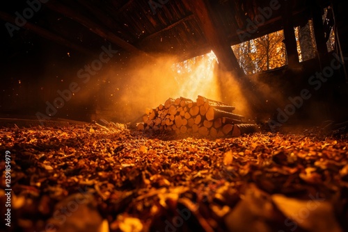 Firewood stacked indoors, sun shines down for drying. Autumn leaves abound