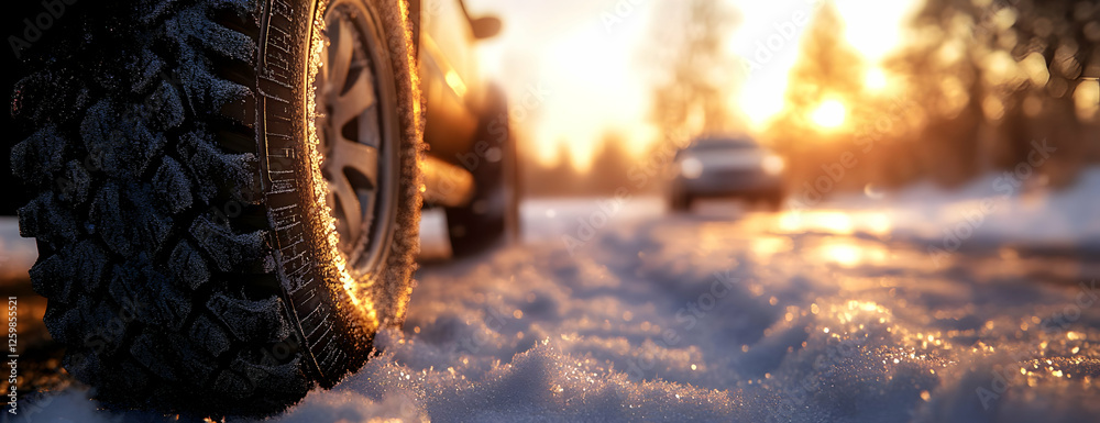 Naklejka premium Winter sunset, SUV tire, snowy road