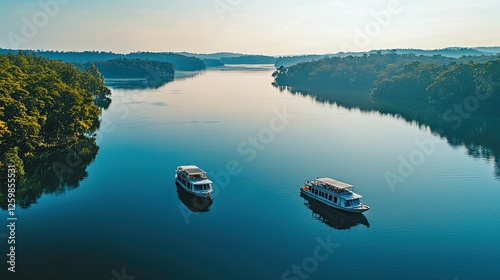 Aerial perspective of the backwaters of Kerala, houseboats floating on calm waters. photo