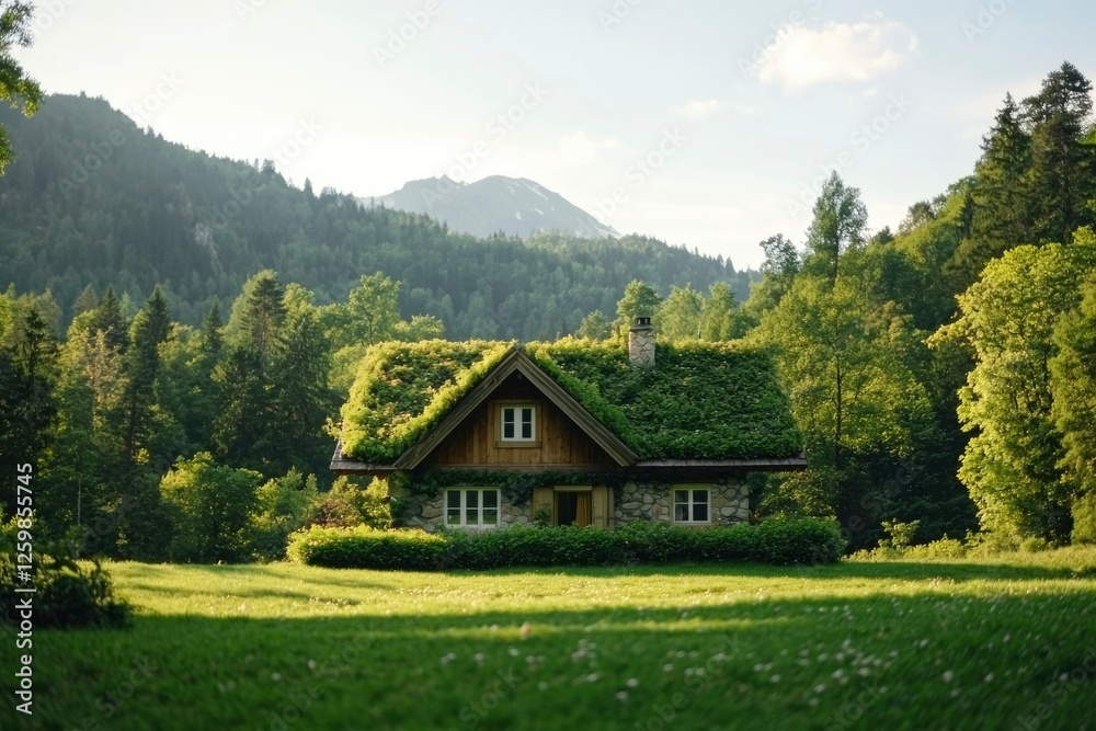 Quaint house with a green roof and forest background in a lush landscape Quaint house with a green roof and forest background in a lush landscape