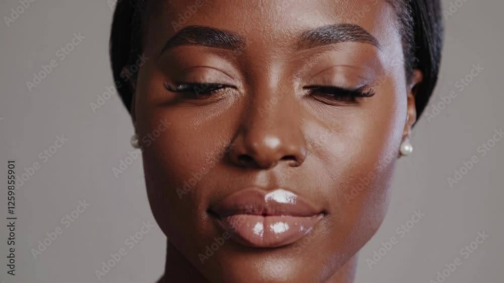 Close-up video portrait of a woman with a neutral expression, showcasing smooth skin and glossy lips, captured from a straight-on camera angle.