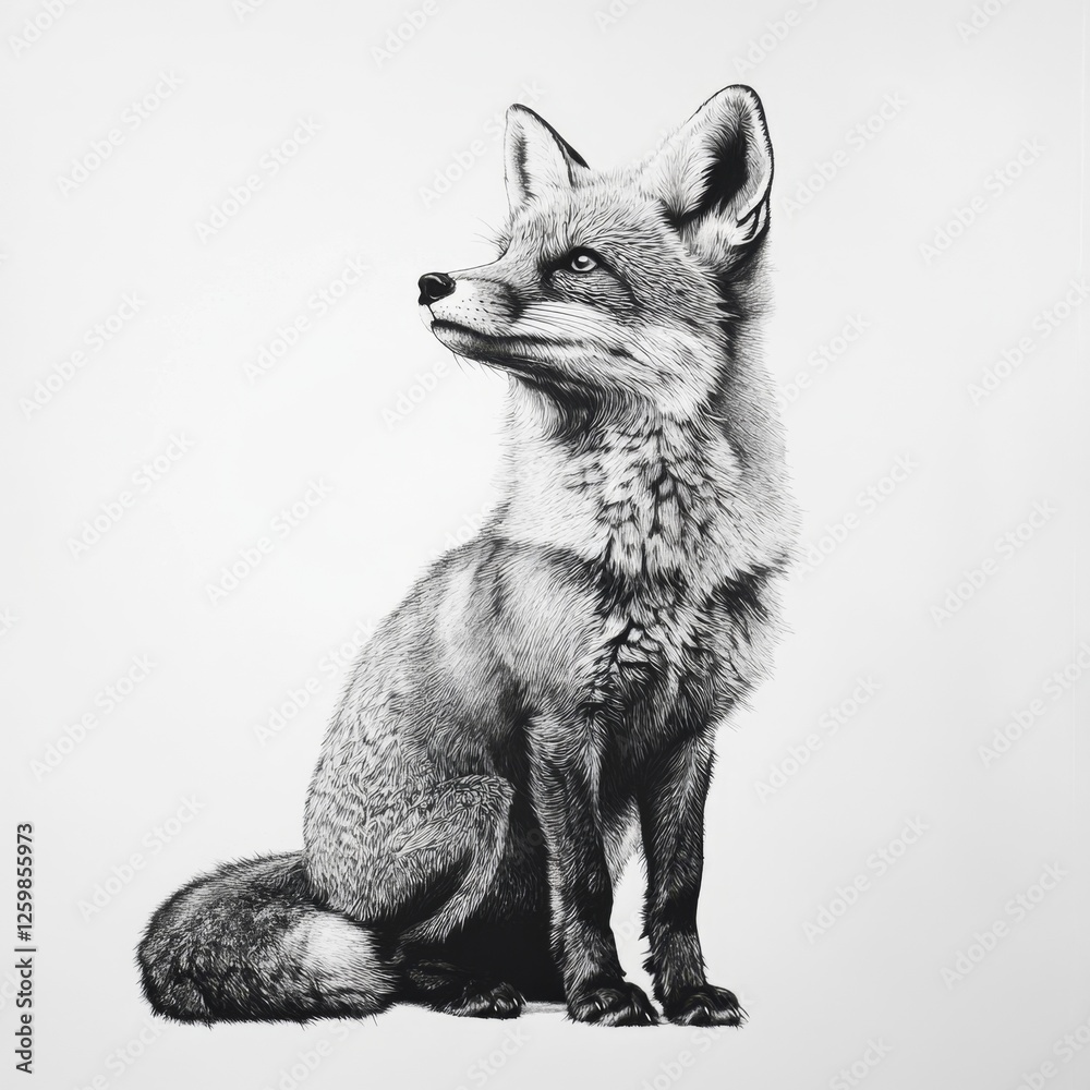 a black and white drawing of a fox sitting on a white background The fox is depicted in a realistic style, with its fur and features clearly visible Its eyes are a black and white drawing of a fox sitting on a white background The fox is depicted in a realistic style, with its fur and features clearly visible Its eyes are