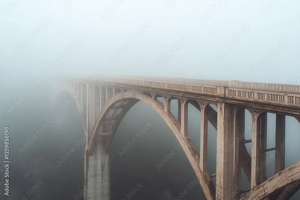 Misty wooden bridge leads to a lonely tree on a rocky island during early morning fog Misty wooden bridge leads to a lonely tree on a rocky island during early morning fog