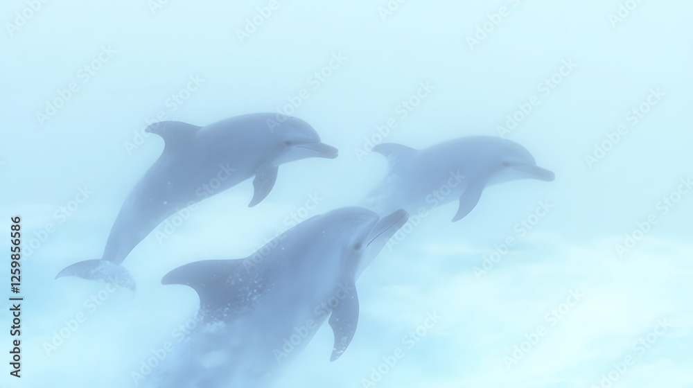 Fototapeta premium Playful pod of dolphins gracefully leaping and splashing through the crystal clear azure waters of a tropical ocean ecosystem creating a serene and ethereal underwater scene