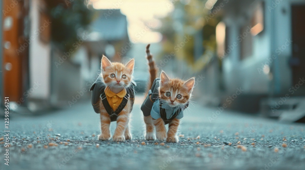 Obraz premium Two cute kittens, wearing school uniforms and carrying school bags, standing and walking in the middle of a busy street