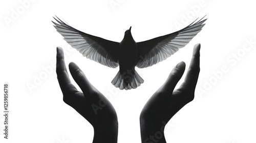 Bird flying from open hands silhouette isolated on transparent background, Symbolizing freedom, peace, and hope