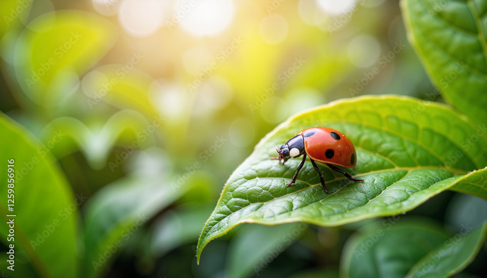 Fototapeta premium Ladybug resting on green leaf in tropical garden, natural beauty
