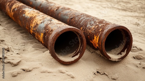A close-up of corroded industrial pipes with rust textures on a sandy brown background