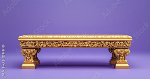 An ornate golden bench with intricate carvings stands against a rich purple background, presenting an elegant and regal aesthetic with a luxurious design.