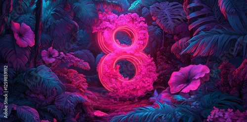 Vibrant plants surround the number eight in a colorful floral arrangement