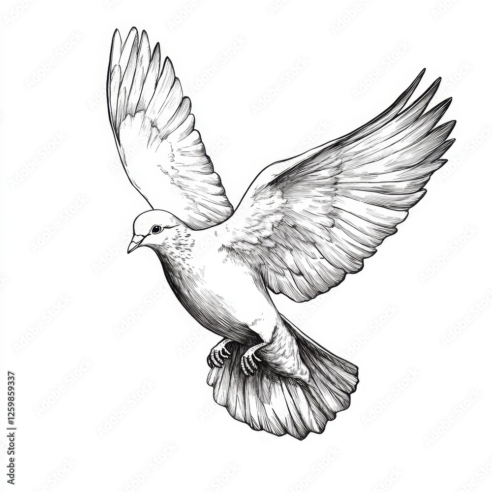 Fototapeta premium a black and white drawing of a dove flying in the air against a white background The dove is depicted in a realistic style, with its wings spread wide and its head