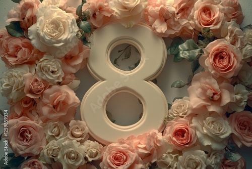 A floral arrangement is depicted with the number eight at its center, surrounded by delicate pink roses and lush green leaves set against a light-colored background