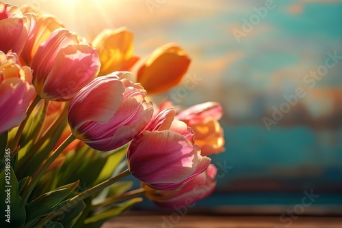Tulips full of life are soaking up the sun's rays on a wooden table in a peaceful outdoor environment in the spring