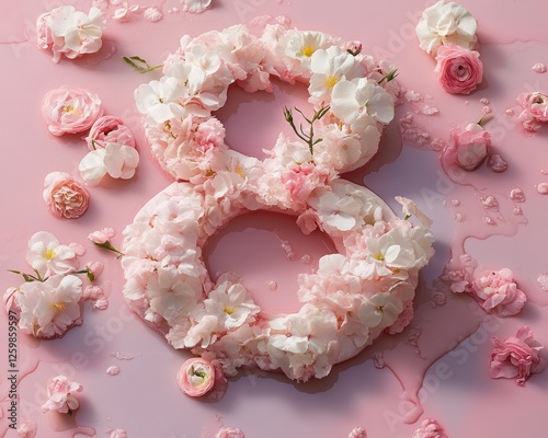 A floral arrangement featuring the number eight set against a pink background, suitable for celebratory or decorative purposes
