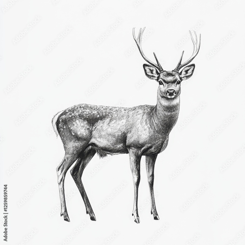 Fototapeta premium a black and white drawing of a deer standing on a white background The deer is depicted in great detail, with its antlers and fur clearly visible Its eyes are ale