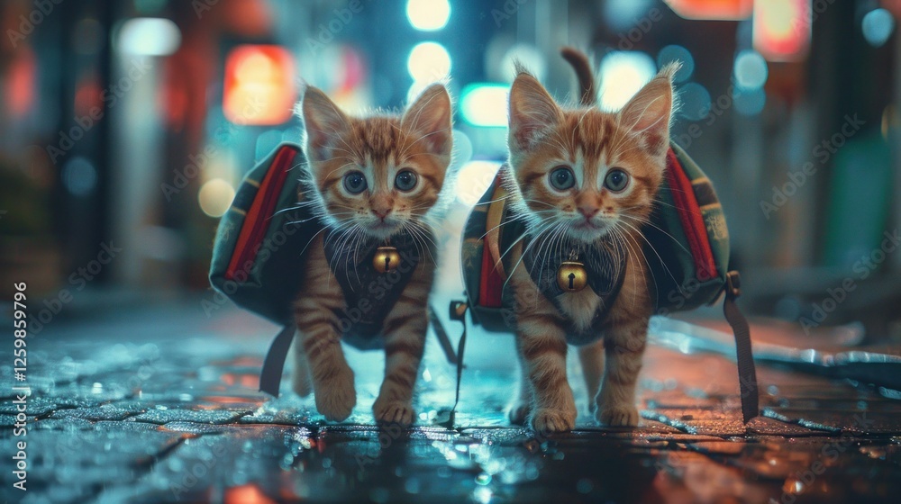 Obraz premium Two cute kittens, wearing school uniforms and carrying school bags, standing and walking in the middle of a busy street