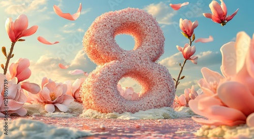 The number 8 is embellished with dainty pink blooms set against a gentle pastel backdrop