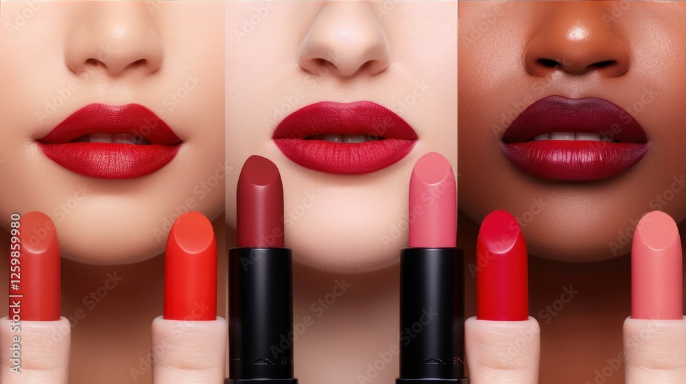 Obraz premium A diverse group of models with different skin tones and features, each applying a different shade of lipstick from a range of vibrant colors. 