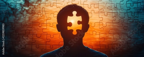 A puzzle piece missing from a human silhouette symbolizing identity flat design top view introspective theme animation