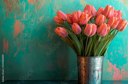 A white vase filled with pink tulips set against a soft pastel pink backdrop creates a fresh and vibrant decorative display
